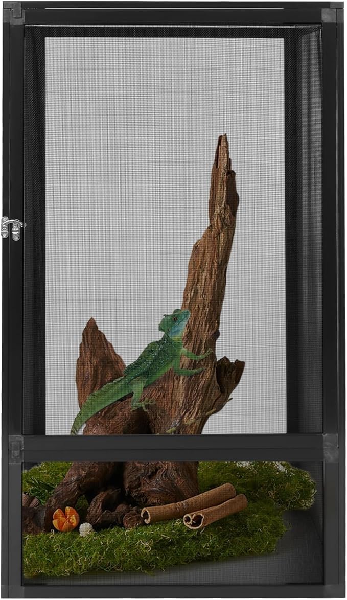 Reptile Terrarium Cage 17.7"x17.7"x31.5", 360° Panoramic Foldable Reptile Terrarium Kit, Aluminum Alloy Mesh Cage Micro Pet Feeding Net Box for Chameleons, Lizards, Snakes, Spiders