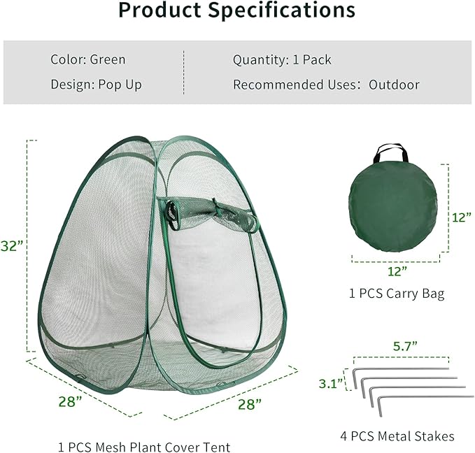 1PC Mesh Plant Protector Tent from Animals, 28X28X32Inch Pop Up Garden Netting Cover Large Green Crop Cage Plant Protection Tent to Protect Outdoor Potted Plants Flowers Fruits from Deer Birds Cat
