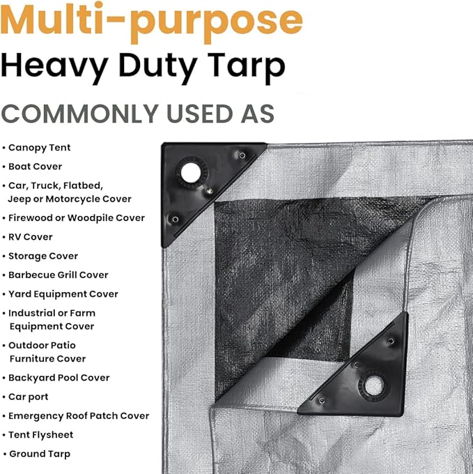 WHITEDUCK Super Heavy Duty Poly Tarp Cover 16 Mil & 10 Mil with Grommets and Reinforced Edges (Brown, White & Silver Black) (Silver Black- 16 Mil, 12' x 25')