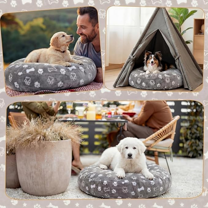 Oudain Washable Round Dog Bed Cover 30 x 30 x 10 Gray Paw Bone Prints Waterproof Dog Bed Cover Replacement for Round and Donut Dogs Beds Scratch Resistant Mattress Protector