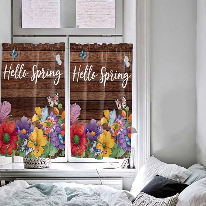 Spring Flowers Tier Curtains 45 Inches Long, Watercolor Farmhouse Colorful
