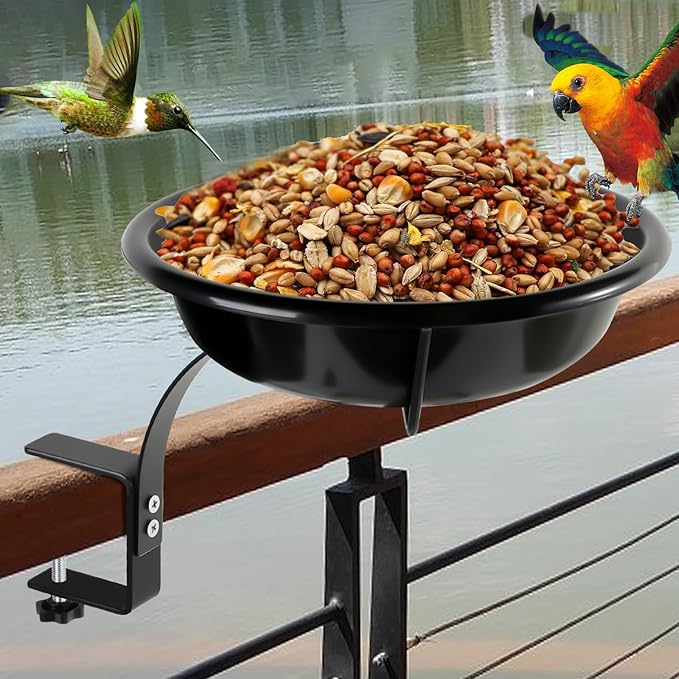 10.6-Inch Bowl Deck Mounted Bird Bath for Outside, Metal Birdbaths for Outdoors, Outdoor Bird Bath with Adjustable Clamp for Railing Balcony Fence, Bird Feeders for Outdoors Garden Decor