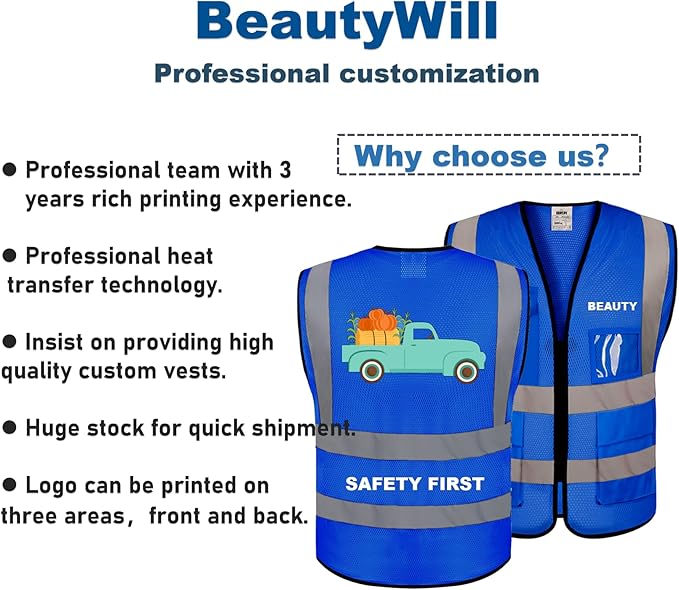 BeautyWill Mesh Safety Vest 1 pcs Customize Logo Class 2 High Visibility Reflective Vest with Pockets Construction Security Work Vest Blue