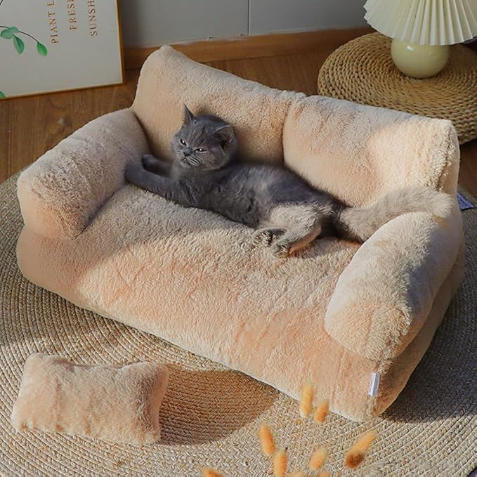 Soft Fluffy Self-Warming Cat Bed | Washable Pet Sofa for Indoor Cats & Small Dogs | Cute Princess-Inspired Kitten Couch & Puppy Bed(Beige,21.65''*14.96''*7.09'')