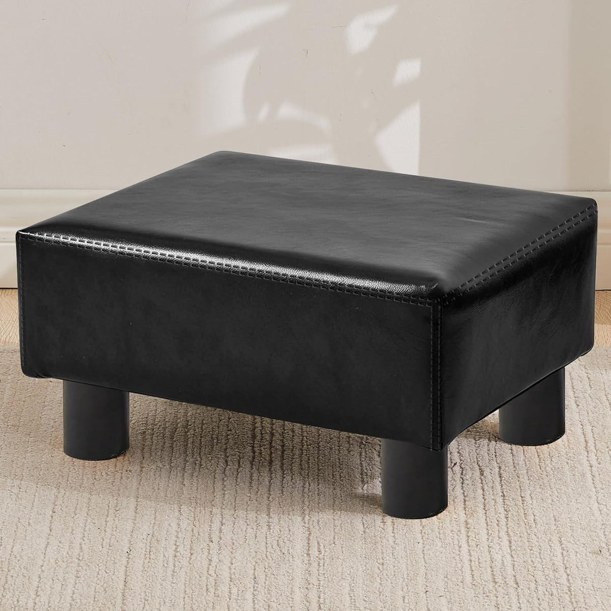 Small Foot Stool Ottoman, Faux Leather Footstool Ottoman Foot Rest for Couch, Rectangle Footstools and Ottomans Small for Living Room, Entryway and Bedroom (Black)