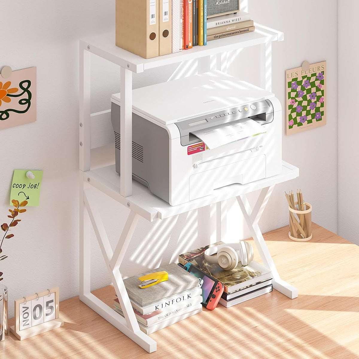 aboxoo Printer Stand for Desk to Save Space, Metal+Wood for Home Office