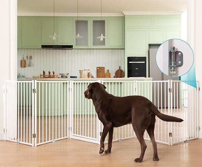 No Pawblems Free Standing Dog Gate with Door, 30'' Tall Foldable Dog Fence for Indoor & Outdoor, Up to 156 Inch Extra Wide Puppy Gate for Stairs, Hallways, Doorways, Deck, Yard (White, 6 Panels)