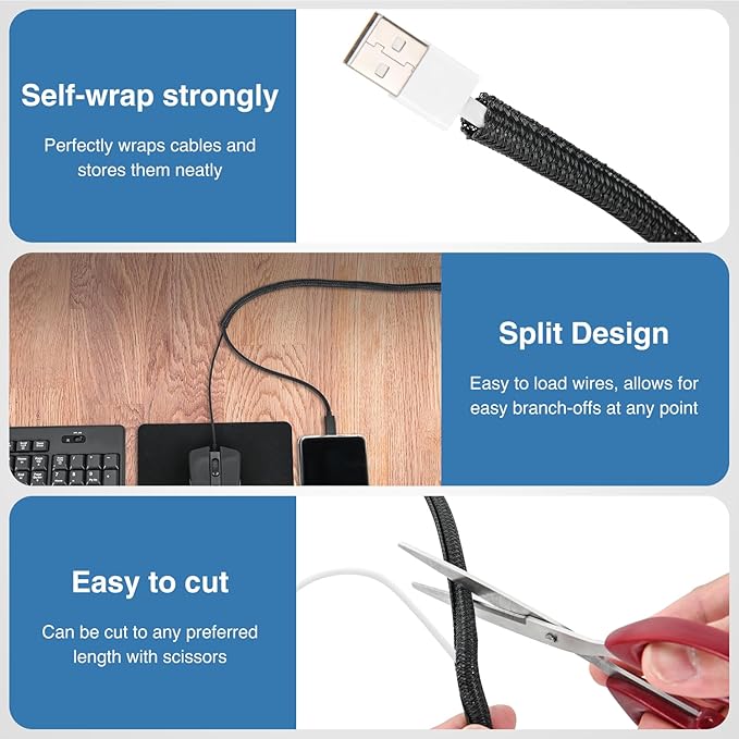 Nilight Cable Sleeve, 10ft-1/4inch Cord Management Sleeves, Braided Sleeving, Split Self Wrapping Wire Loom for Computer Electrical Automotive Harness Protector Organizer, Black