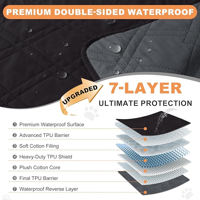 100% Waterproof Dog Couch Protector, Triple-Layer Waterproof Dog Bed Cover Pet Blanket Reversible 2-Tone Sofa Shield, Non-Slip Furniture Guard for Pets(68×82 Inch, Black+Blackish Gray)