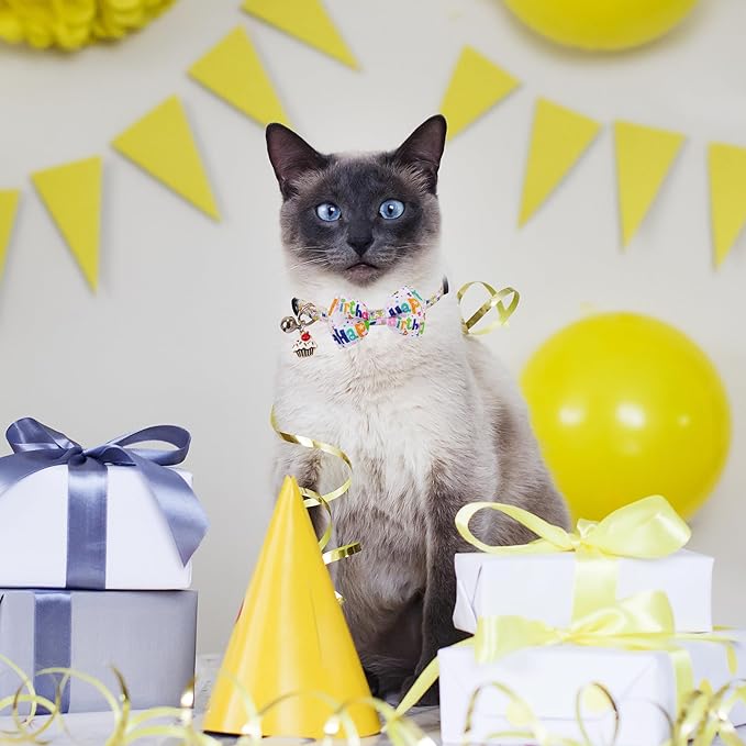 ADOGGYGO Birthday Cat Collars with Bow Bell, Breakaway White Blue Happy Birthday Bowtie Collars for Cats Kittens