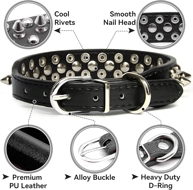 Spiked Dog Collar Soft Pu Leather Mushrooms Rivet Spike Studded Puppy Adjustable Pet Collars for Small Breeds (M, Dark Blue)