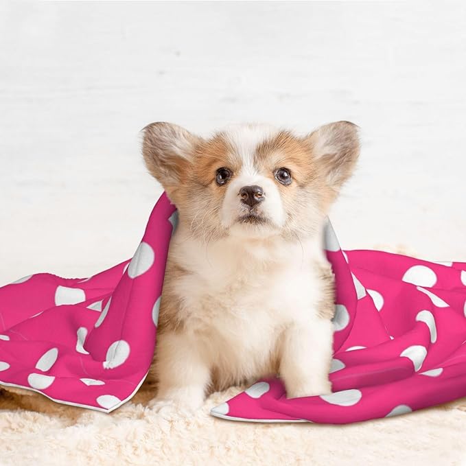 Two Sided Plush Pet Blanket for Warmth Comfort, Pink Polka Dot, Reversible Throw with Cozy Nubby Side for Chilly Nights Napping Spots Around House