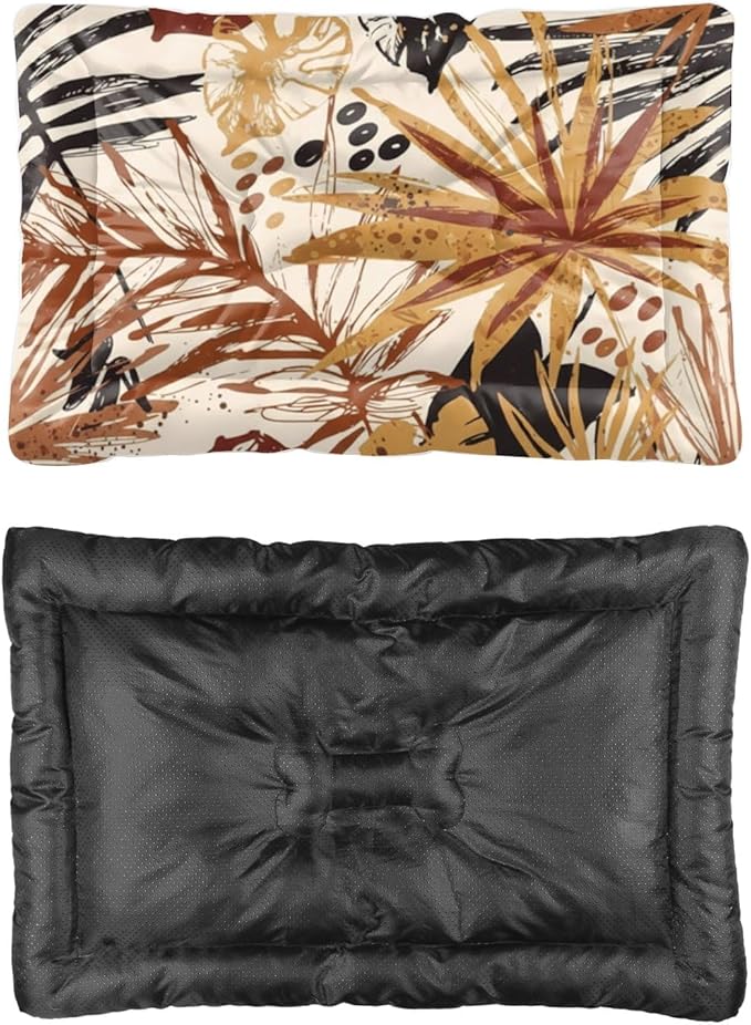 Modern Brown Tropical Leaves Dog Camping Bed Dog Travel Mat Pad Crate Bed Washable Non-Slip Medium for Crate Beds for Small Dogs Travel Mat Medium Size Beds Indoor Outdoor 36X24 Inch