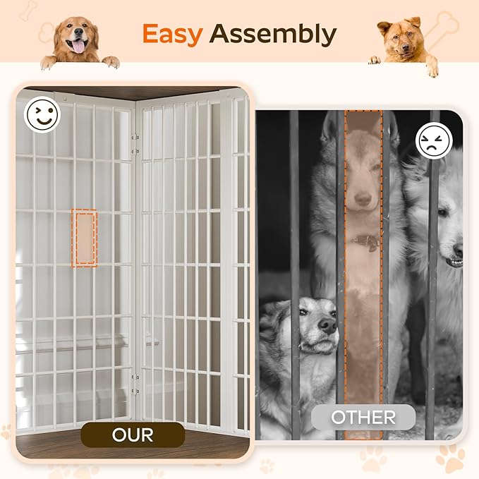 Foldable Dog Crate Furniture, Dog Crate with DIY Frame, Heavy Duty Dog Kennel Indoor with Hooks, Wooden Dog Cage End Table, for Small/Medium Dogs, White and Walnut DC95WH