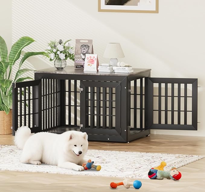 42" Heavy Duty Dog Crate Furniture for Small,Medium and Large Dogs,Rustic Wooden Dog Cage Kennel Indoor Furniture with Waterproof Top,Decorative Pet House Side End Table (Black & Grey)