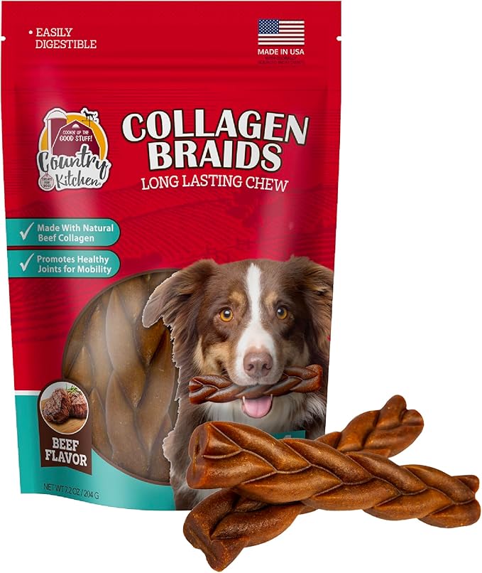 Country Kitchen Beef Collagen Braids, Rawhide Free Dog Chews, Made with Natural Beef Collagen, for Medium & Large Dogs, Made in The USA, 7.2 oz, 4 ct
