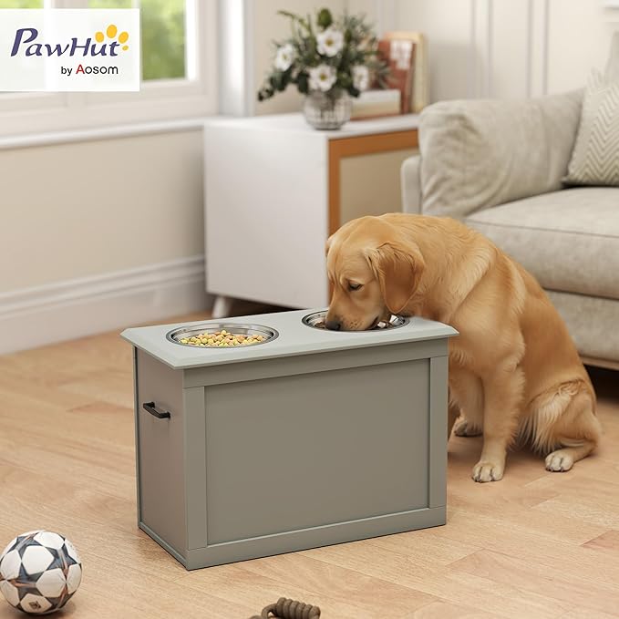 PawHut Raised Pet Feeding Storage Station with 2 Stainless Steel Bowls Base for Large Dogs and Other Large Pets, Gray