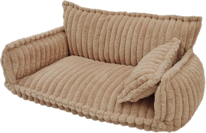 Pet Couch Bed for Dog and Cat, Plush Calming Couch for Pets with Removable Washable Cover, Modern Sofa Style Pet Bed for Home Living Room (Camel Color)