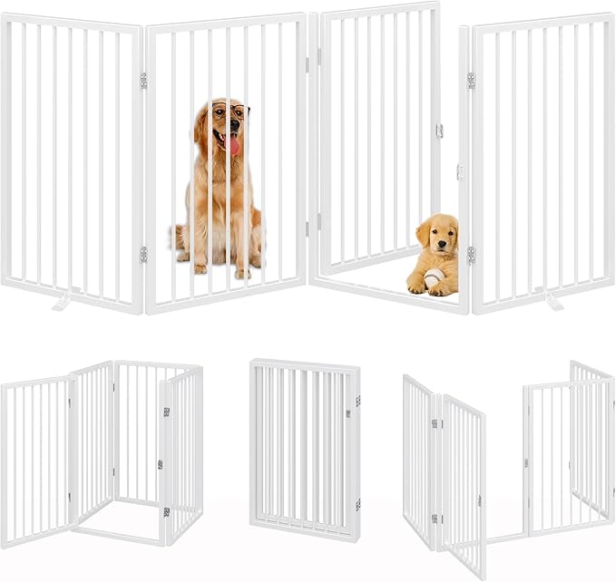Vantas Folding No-Assembly Metal Pet Gate 80" Wide, 32" Extra Tall Dog Gate with Door Walk Through, Freestanding Accordion Puppy Gate Dog Door for Indoor & Outdoor, with 2PCS Support - White