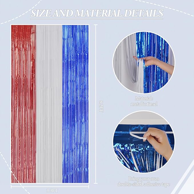 3 Pack Foil Fringe Backdrop - Red&White&Blue Shiny Tinsel Curtains for Party Decoration/Photo Booth Props - 3.3x8.2 FT Metallic Foil Backdrop for Birthday, Wedding, Graduation, Christmas.
