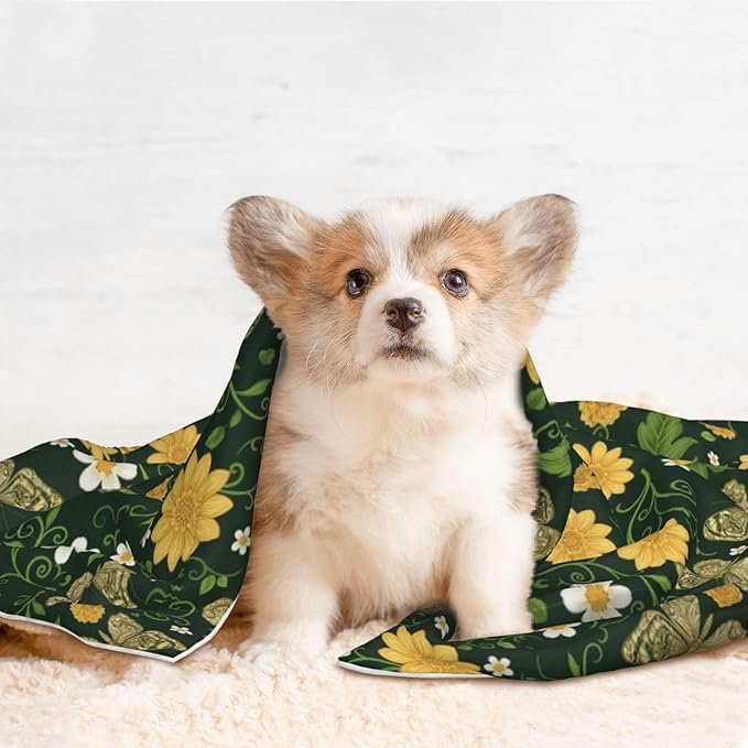 Double Sided Plush Pet Blanket for Small Large Animals, Gold Flowers with Butterfly, Reversible Throw with Dimpled Dot Side and Flat Side for Kennels Living Rooms