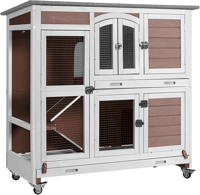 Aivituvin Rabbit Hutch Bunny Cage with Wheels Indoor Outdoor Two Story Guinea Pig Cage with 2 Deep No Leak Tray