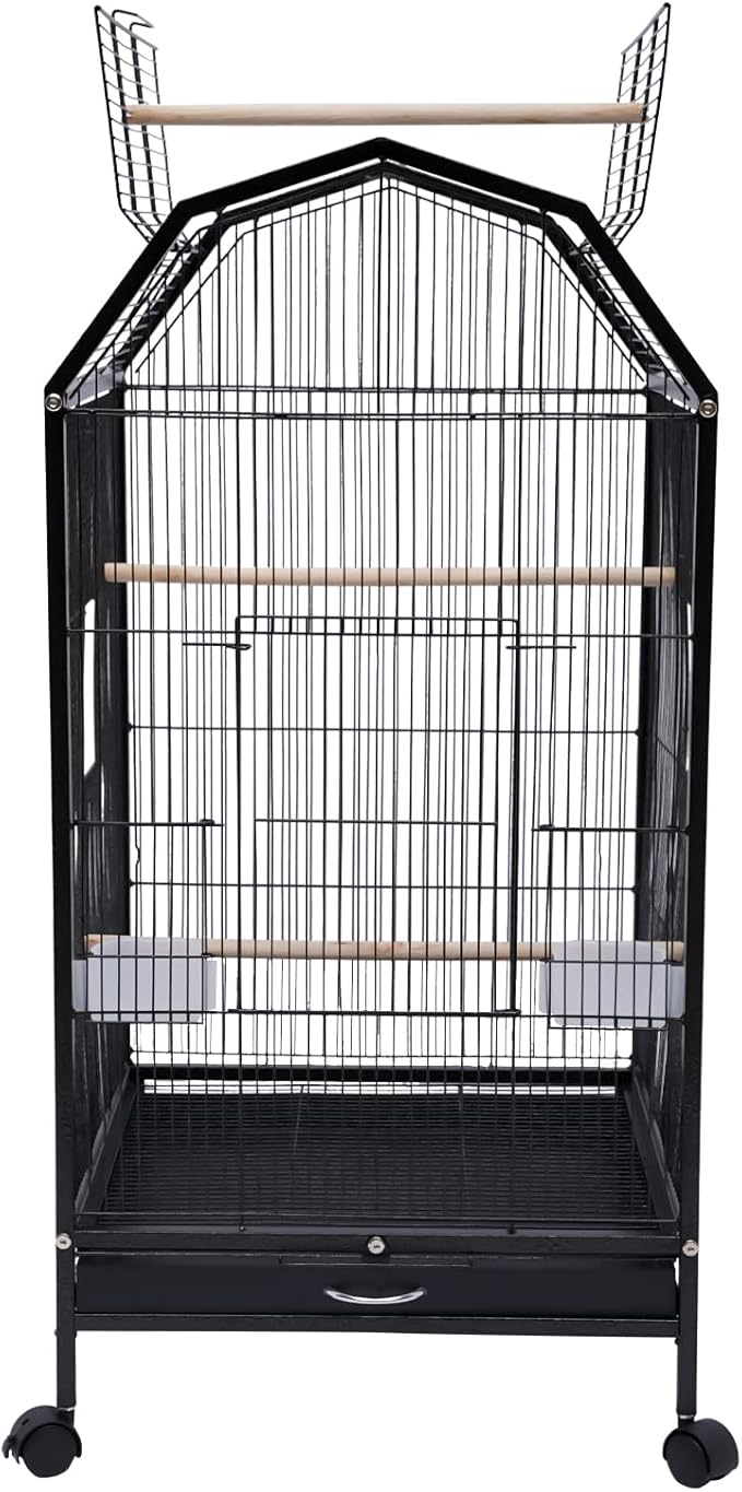 Black Wrought Bird Cage with Open-Top and Rolling Stands, 40-Inch Iron Large Bird Cage, 5 Doors Pet Birds Flight Birdcages for Mid-Sized and Small-Sized Birds