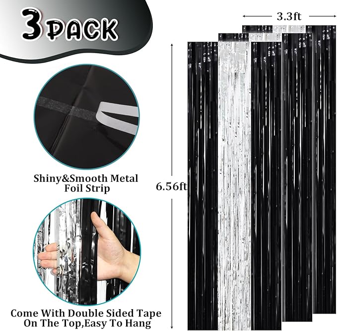3 Pack 3.3 x 8.2 ft Black and Silver Foil Fringe Backdrop Curtains, Tinsel Streamers Party Decorations, Fringe Backdrop