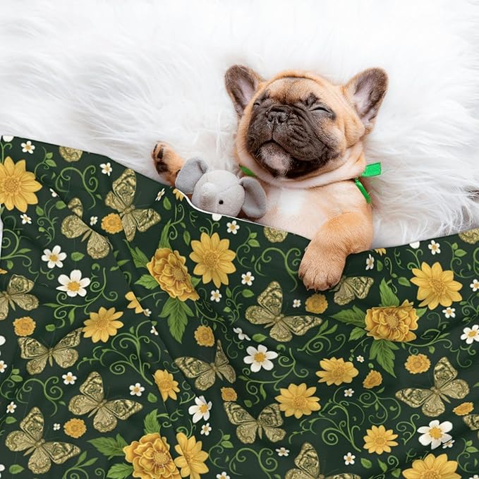 Reversible Pet Blanket for Sofa Protection Pet Comfort, Gold Flowers with Butterfly, Double Sided Design with Cozy Nubby Nap Side and Durable Smooth Play Side