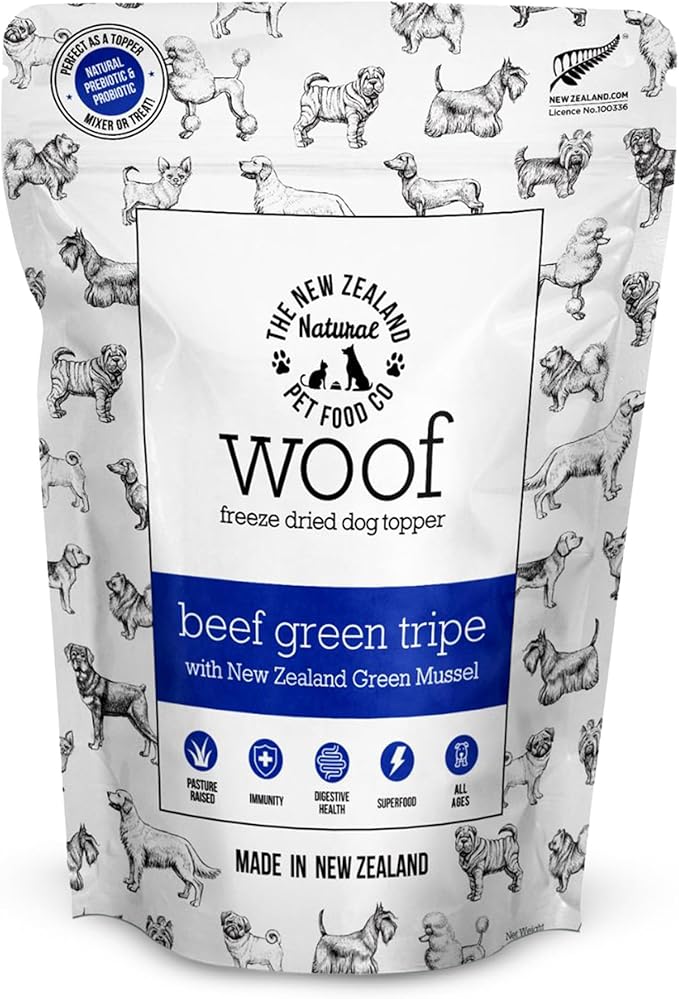 The New Zealand Natural Pet Food Co. WOOF Freeze Dried Dog Topper – Beef Green Tripe, High Protein, Digestive Support, Topper or Treat – 6.3 oz