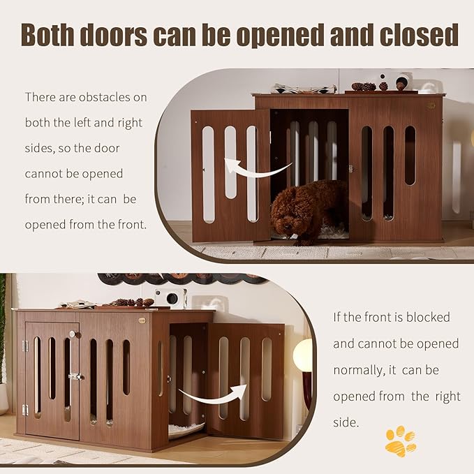 32 Inch Dog Crate Furniture for Medium Small Dogs with 2 Quick-Release Doors, Waterproof Multi-Layer Solid Wood in Walnut Color, Doubles as TV Stand,Side Table