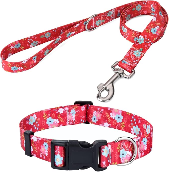 Dog Collar and Leash Set with Bohemia Floral Tribal Geometric Patterns - Soft Ethnic Style Collar Adjustable for Small Medium Large Dogs(Red Floral Set,S)