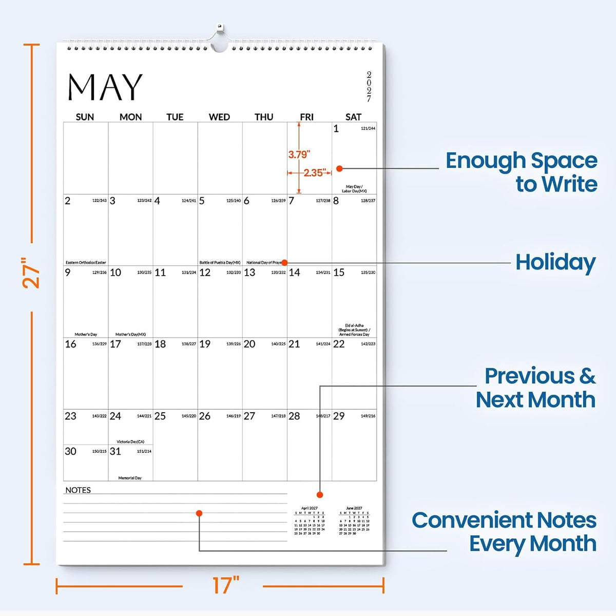 SUNEE 2027 Wall Calendar Extra Large 17"x27", 18 Month Calendar (Ends June 2028),Vertical Monthly for Wall, White Minimalism