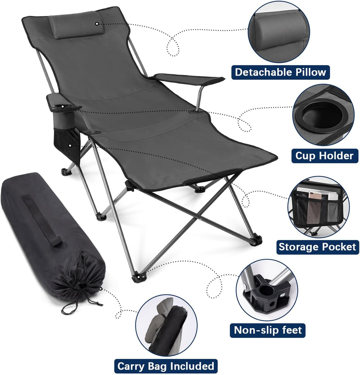 apollo walker Reclining Beach Chair, 90-135° Adjustable Grey