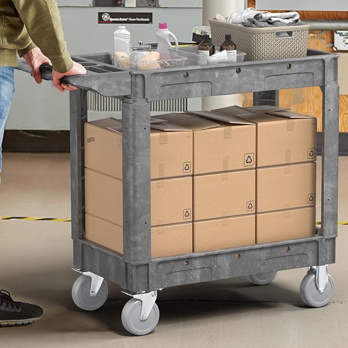 2 Tier Plastic Rolling Cart Utility Cart on Wheels, Heavy Duty Tool Carts with Ergonomic Storage Handle and Deep Shelfs, Work Carts Service Cart for Garage, Warehouse, Workshop, Office, Cleaning