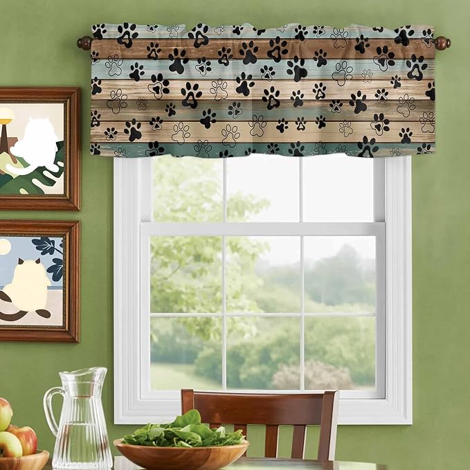Dog Paws Valance Curtains for Kitchen, Teal Brown Wood Grain Privacy Rod Pocket