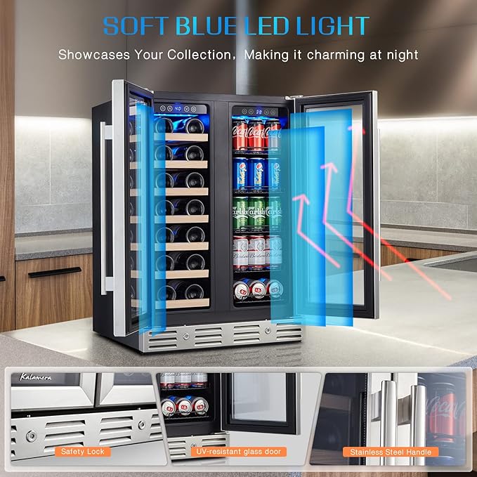 24 Inch Wine and Beverage Fridge, Wine Refrigerator Dual Zone Hold 20 Bottles and 78 Cans,Built-In or Freestanding Digital Touch Control