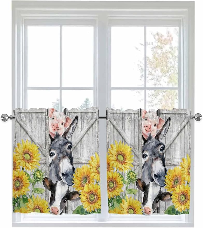 Farmhouse Half Window Curtains 24 Inches Long, Watercolor Sunflowers Animals