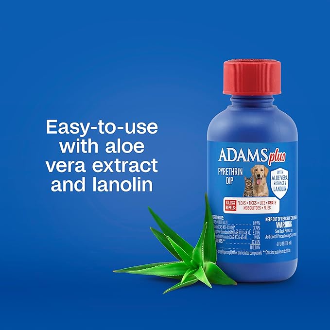 ADAMS Plus Pyrethrin Flea Dip for Dogs and Cats, Kills and Repels Fleas, Ticks, Lice, Gnats, Mosquitoes and Flies, for Dogs, Cats, Puppies, & Kittens, 4 Fl oz