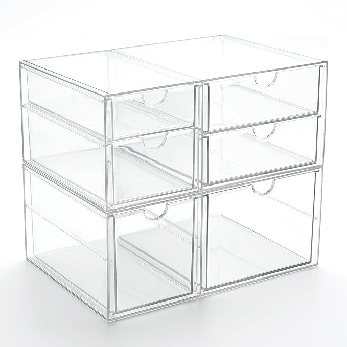 Prsildan Acrylic Drawer Makeup Organizer with 6 Drawers (Not for Baby Bottle), Set of 2 Office Desk Organizers Accessories, Clear Stackable Storage Drawers for Vanity, Craft (Largest Drawer 4" Tall)