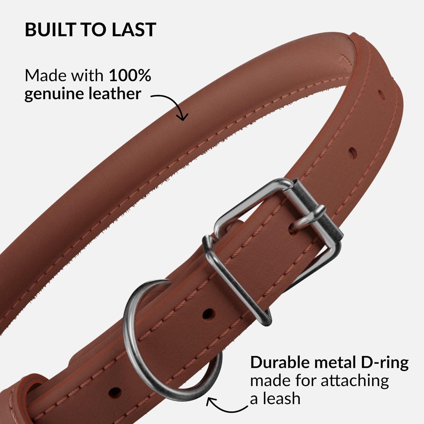 CollarDirect Rolled Leather Dog Collar, Soft Padded Round Puppy Collar, Handmade Genuine Leather Collar Dog Small Large Cat Collars 13 Colors (13-16 Inch, Cinnamon Smooth)