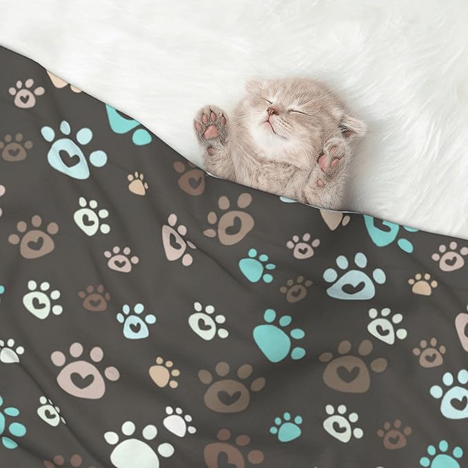 Paw Blanket for Dog Cat - Love Heart Paws Throw Blanket 23x16 Brown Pet Blanket for Couch Sofa Bed