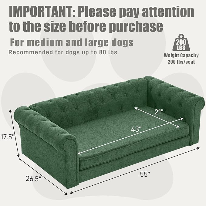 Dog Sofa Couch for Medium and Large Dogs, Memory Foam Dog Sofa Couch with Washable Fabric, Durable Elevated Pet Bed with Legs, Removable Cushion for Medium to Large Dogs, Green