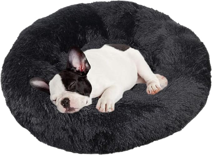 huraty Plush Calming Dog Bed, Faux Fur Donut Cuddler Bed for Cats, Anti-Skid & Anti-Anxiety, 20 Inch for Puppy and Kitties, Black, S