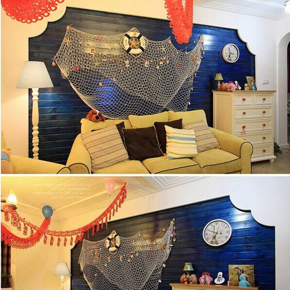Nature Fish Net Wall Decoration with Shells, Ocean Themed Wall Hangings Fishing Net Party Decor for Pirate Party,Wedding,Photographing Decoration (Fishnet-2pack-Beige)