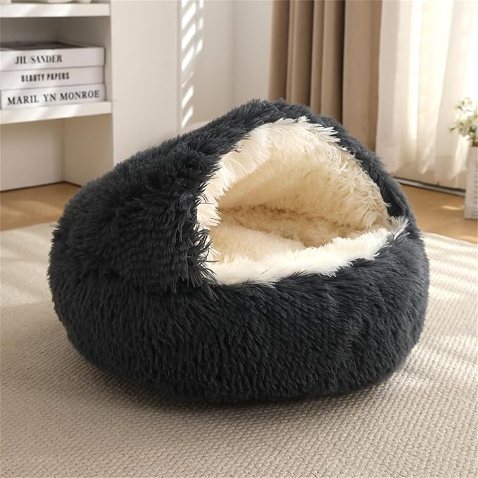 Nest Bed - Lapcatz Cat Beds for Indoor Cats, Fluffy Cat Bed Cave Plush Warm Nest for Cats (Black,L 24"x24")
