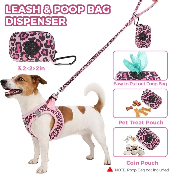 PAWCHIE Dog Harness and Leash Set,Step in No Pull Soft Pet Harness, Reflective Adjustable Puppy Vest for Small Medium Dogs Cats,No Choke Harness Vest with Poop Bag Holder for Walking,Running,Leopard M