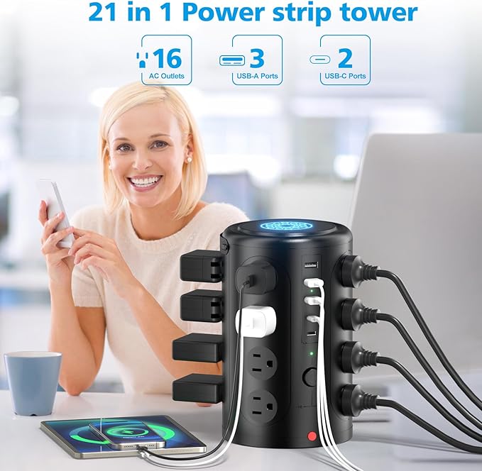 Power Strip Tower Surge Protector with 16 Outlets and 5 USB Ports (2 USB-C), 15FT Extension Cord with Multiple Outlets,Heavy Duty Charging Station,Home Office Dorm Room Essentials.