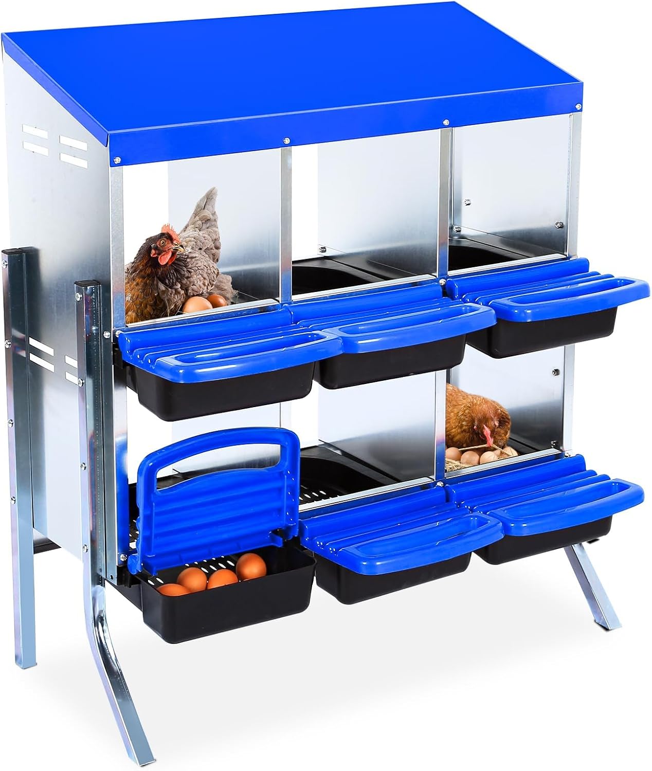 Chicken Nesting Box, 6 Hole 2 Layer Hen Nest Boxes with Legs, Roll Away Eggs Laying Boxes,Cleanable Pull Out Hen Roosting Boxes