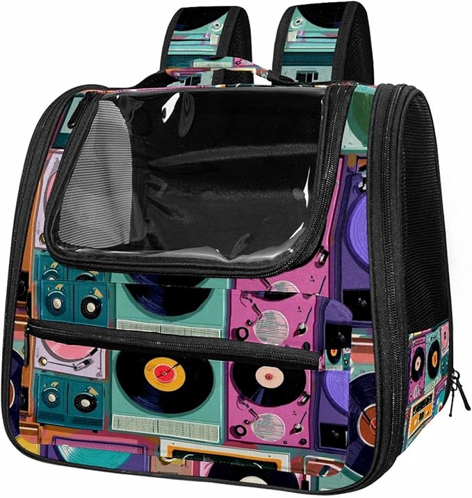Color Record Player Pattern (3) Cat Backpack Carrier Pet Backpack Carrier for Small Dogs and Medium cat Puppy Kitten Bunny